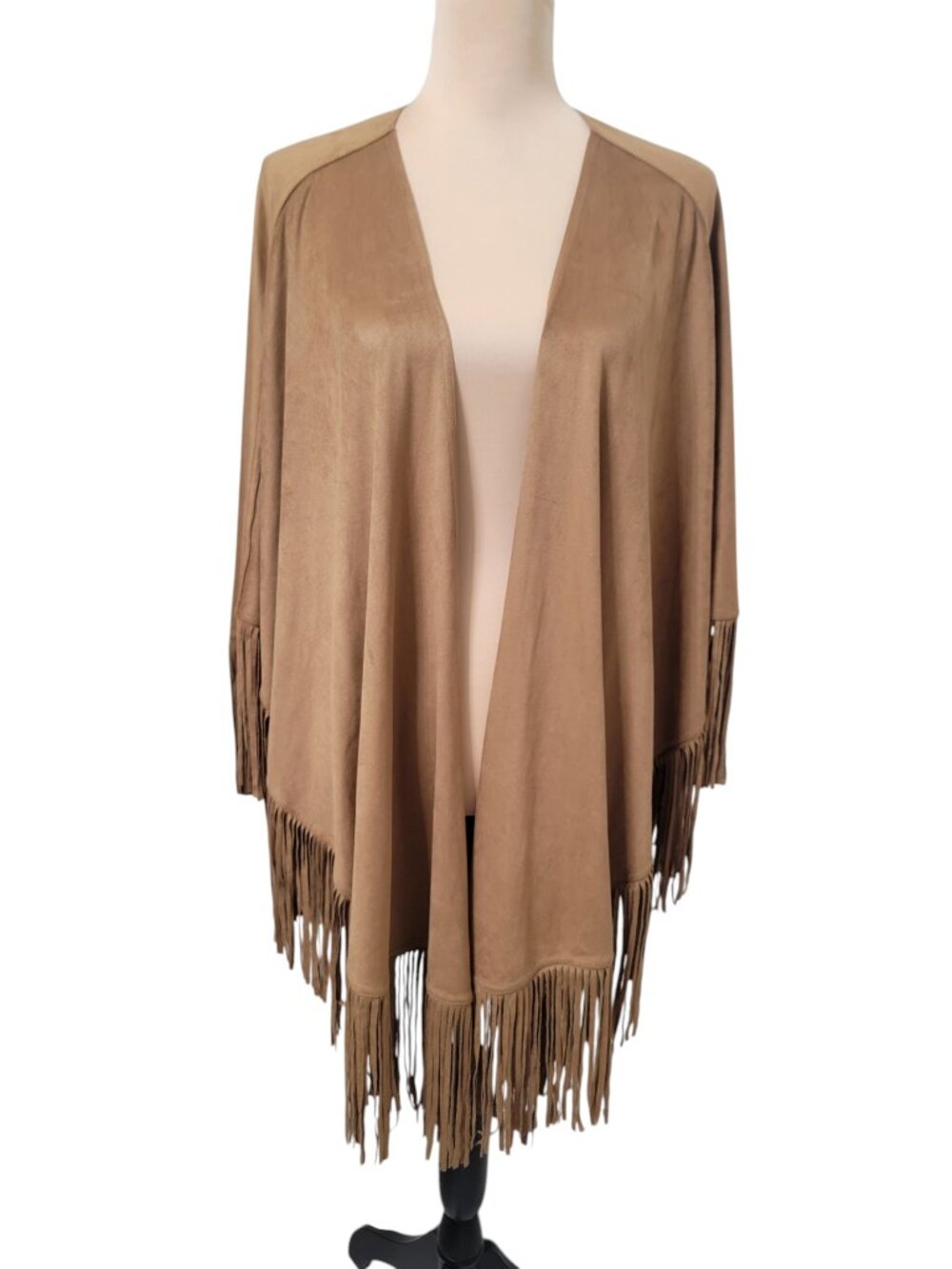 White House Black Market, Size OS, Camel Colored Faux Suede Fringe Trim Poncho